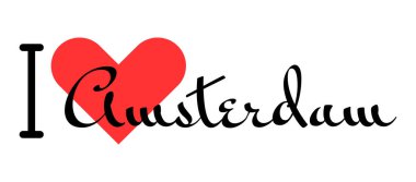 Amsterdam 'ı seviyorum, Hollanda' yı. Kırmızı kalpli el yazısıyla yazılmış mektuplar. Vektör illüstrasyonu, modern tasarım