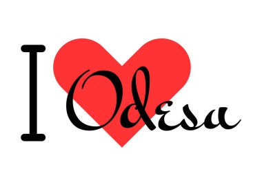 I love Odesa, city of Ukraine. Hand drawn letters with red heart. Vector illustration lettering, modern design clipart