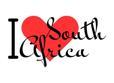 Güney Afrika 'yı seviyorum. Kırmızı kalpli el yazısıyla yazılmış mektuplar. Vektör illüstrasyonu, modern tasarım harfleri