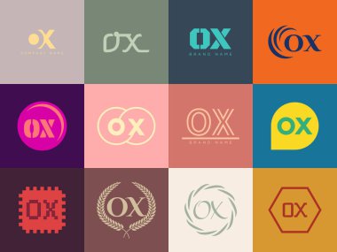 OX logo şirketi şablonu. O ve X harfi logoti. Tasarım elemanları ile farklı klasik serif harfleri ve modern kalın metin ayarla. İlk yazı tipi tipografisi.