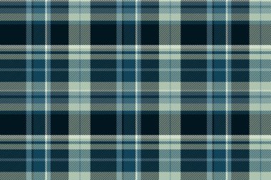 Oduncu, tekstil desenini, dergisiz tartan geçmişini kontrol et. Cyan ve siyah renk paletinde düzensiz kumaş vektör ekose dokusu.