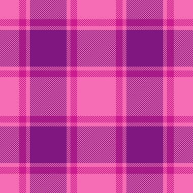 Kusursuz ekose desenli, şenlikli arka plan kumaş kumaşlı tartan. Pembe ve mor renk paletinde tekstil vektör dokusunu kontrol et.