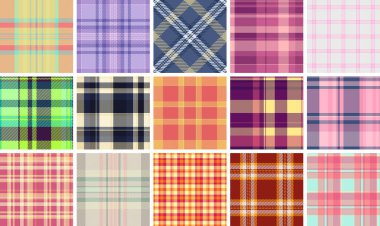 Geometrik kontroller ve yatay çizgiler içeren ekose tekstil desenleri gömlekler, duvar kâğıdı ve kumaş izleri için mükemmel. Giysi ve ev dekoruna kırsal ya da modaya uygun bir dokunuş eklemek için ideal.
