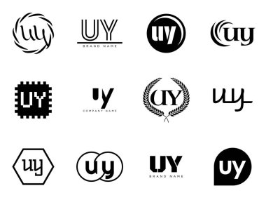 UY logo şirketi şablonu. Harf u ve y logotype. Tasarım elemanları ile farklı klasik serif harfleri ve modern kalın metin ayarla. İlk yazı tipi tipografisi.