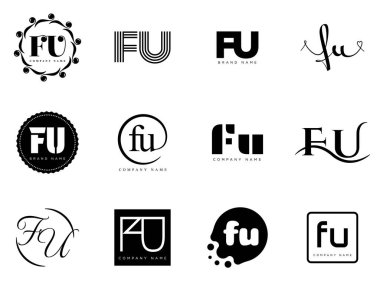 FU logo şirketi şablonu. F ve U harfi logoti. Tasarım elemanları ile farklı klasik serif harfleri ve modern kalın metin ayarla. İlk yazı tipi tipografisi.