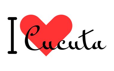 Kolombiya şehri Cucuta 'yı seviyorum. Kırmızı kalpli el yazısıyla yazılmış mektuplar. Vektör illüstrasyonu, modern tasarım