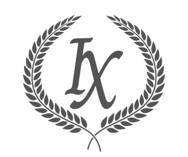 İlk harf I ve X, IX monogram logo tasarımı defne çelengi. Kaligrafi yazı tipli lüks amblem.