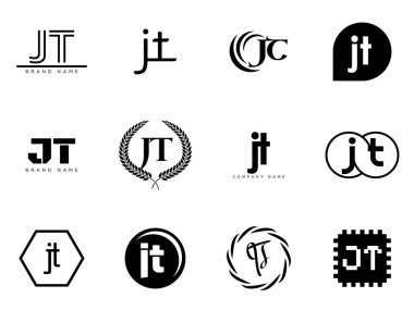 JT logo şirketi şablonu. J ve T harfi logoti. Tasarım elemanları ile farklı klasik serif harfleri ve modern kalın metin ayarla. İlk yazı tipi tipografisi.