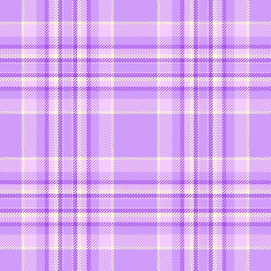 İp tartan tekstil arka planı, kusursuz desen dokusu. Mor ve açık renk paletinde grafiksel ekose kumaş vektörü kontrolü.