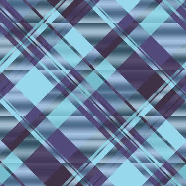 Tekstil dikişsiz ekoseli kumaş döşeme, kumaş özgeçmiş kontrolü. Cyan ve indigo renk paletinde İskoçya desenli tartan doku vektörü.