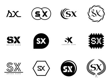 SX logo şirketi şablonu. Harfler ve x logoti. Tasarım elemanları ile farklı klasik serif harfleri ve modern kalın metin ayarla. İlk yazı tipi tipografisi.