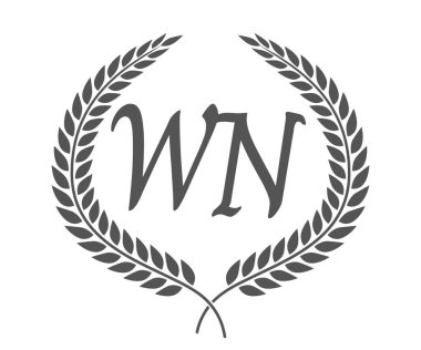 İlk harf W ve N, WN monogram logo tasarımı defne çelengi. Kaligrafi yazı tipli lüks amblem.