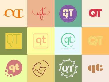 QT logo şirketi şablonu. Q ve T harfi logoti. Tasarım elemanları ile farklı klasik serif harfleri ve modern kalın metin ayarla. İlk yazı tipi tipografisi.