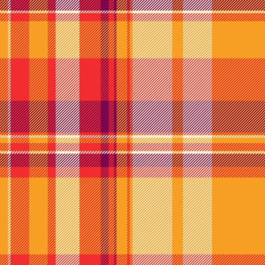 Mikro vektör kumaşı kusursuz, geometrik doku ekoseli kumaş. Bayan turuncu ve kırmızı renk paletinde arkaplan tartan desenini kontrol et.