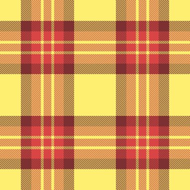 Çapraz tartan doku kontrolü, çizgili vektör pürüzsüz desen. Banyo tekstil arkaplan ekoseli kırmızı ve sarı renk paleti.