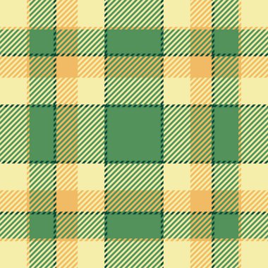 Renkli kumaş özgeçmiş kontrolü, tekstil kumaş dokusu reklamı. Sarı ve yeşil renk paletinde yüzeysel ekose desenli kusursuz vektör.