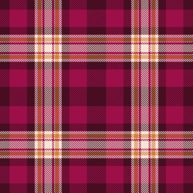Kızsal kumaş kontrolü, dergi arka planı tekstil deseni. Orta vektör tartan ekoseli pembe ve koyu renk paletinde pürüzsüz.