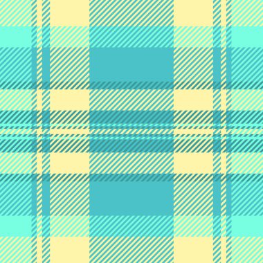 Kırışık kumaş kumaş kumaş tartan, sert tekstil arkaplan deseni. Cyan ve sarı renk paletinde düzensiz vektör dokusu denetimi.