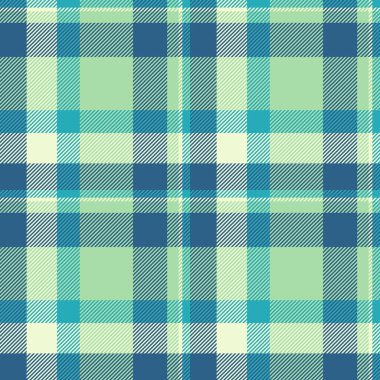 Kavramsal ekoseli tartan, 60 'ların vektör kumaşı. Paisley tekstil düz desen desen ışık ve cyan renk.