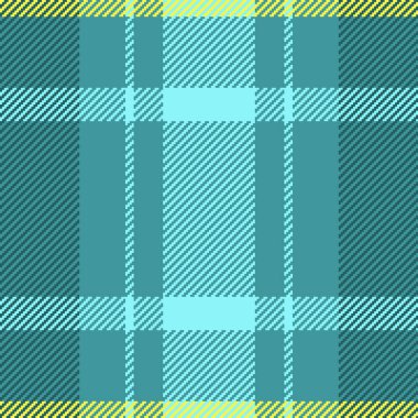 Güzel, pürüzsüz kumaş kumaş, rastgele ekose vektör tartan. Yatak arkaplanı desen denetimi Cyan ve sarı renk paletinde.