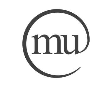Çember şeklinde e-posta işareti tarzında iki harfli MU logosu. M ve U iş şirketinin yuvarlak logosu