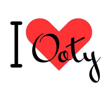 I love Ooty, city of India. Hand drawn letters with red heart. Vector illustration lettering, modern design clipart