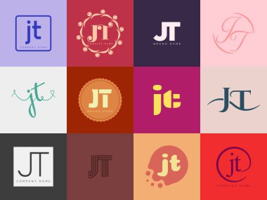 JT logo şirketi şablonu. J ve T harfi logoti. Tasarım elemanları ile farklı klasik serif harfleri ve modern kalın metin ayarla. İlk yazı tipi tipografisi.