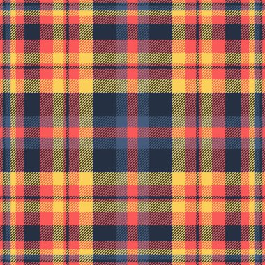 Tekstil kontrolü ekoseli, moda desenli tartan vektörü. Kırmızı ve koyu renk paletinde desensiz desen kumaş.