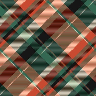 Eğri tartan vektör kontrolü, dikiş dokusu tekstil arka planı. Tatil desenli ekoseli kumaş. Nane ve kırmızı renk paleti..