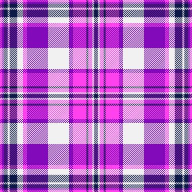 Mevsim desenli tekstil, dingin ekoseli dikişsiz vektör. Beyaz ve mor renk paletinde tartan arkaplan kumaşını kat kontrol et.