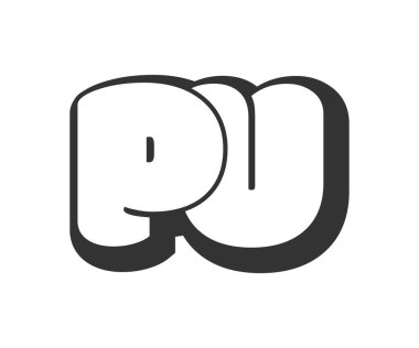 PU logosu, karikatür harfleri, graffiti stili siyah beyaz siluet. Festival partisi için popüler okul öncesi P ve U harfi metni, kişisel baş harfler, çocuklar için funky print ve web.