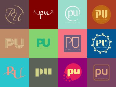 PU logo şirketi şablonu. P harfi ve u logotype. Tasarım elemanları ile farklı klasik serif harfleri ve modern kalın metin ayarla. İlk yazı tipi tipografisi.