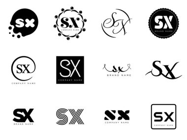 SX logo şirketi şablonu. Harfler ve x logoti. Tasarım elemanları ile farklı klasik serif harfleri ve modern kalın metin ayarla. İlk yazı tipi tipografisi.