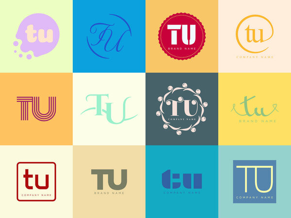 TU logo company template. Letter t and u logotype. Set different classic serif lettering and modern bold text with design elements. Initial font typography.