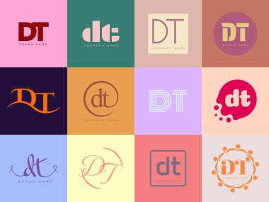 DT logo şirketi şablonu. D ve T harfleri var. Tasarım elemanları ile farklı klasik serif harfleri ve modern kalın metin ayarla. İlk yazı tipi tipografisi.