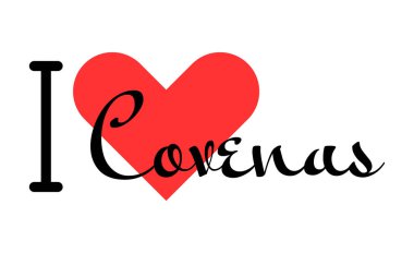 Covenas 'ı seviyorum, Kolombiya şehrini. Kırmızı kalpli el yazısıyla yazılmış mektuplar. Vektör illüstrasyonu, modern tasarım