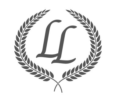 İlk harf L ve L, LL monogram logo tasarımı ve defne çelengi. Kaligrafi yazı tipli lüks amblem.