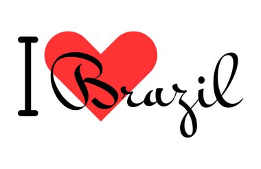 Brezilya 'yı seviyorum. Kırmızı kalpli el yazısıyla yazılmış mektuplar. Vektör illüstrasyonu, modern tasarım harfleri