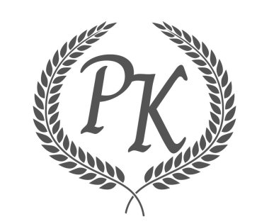 P ve K harfleri, defne çelenkli PK monogram logo tasarımı. Kaligrafi yazı tipli lüks amblem.