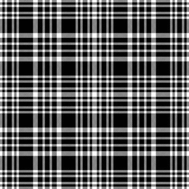 Masa örtüsü desen kontrolü, lifli tartan dokusu. Beyaz ve siyah renk paletinde boş vektörsüz ekose tekstil.