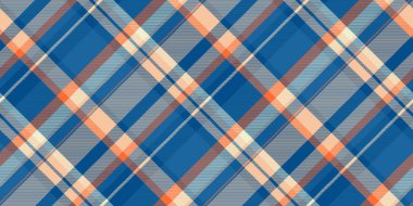Daire pürüzsüz kontrol dokusu, büyük tekstil kumaşı. Cyan ve turuncu renk paletinde yatak ekose arka plan tartan vektörü.