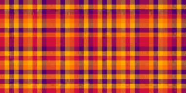 Açık kumaş kumaş kumaşı, festival vektör kontrolü tartan. Duvar kağıdı arkaplanı mor ve turuncu renk paletinde kusursuz ekoseli desen.