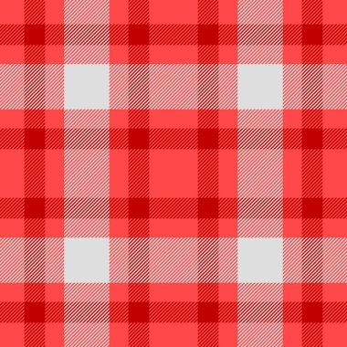 Kumaş kumaş desenli tartan, ticari kusursuz desen vektörü göster. Ekose desen denetimini kırmızı ve gainsboro renk paletinde gerçekleştir.