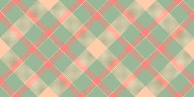 Süslü arka plan vektör dokusu, pürüzsüz kontrol deseni. Pastel ve turuncu renklerde ekose kumaş üretimi.