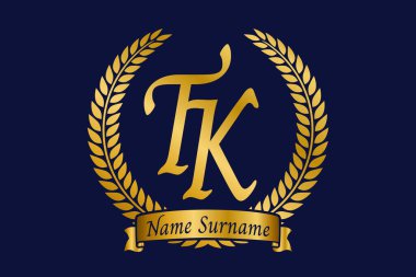 Initial letter T and K, TK monogram logo design with laurel wreath. Luxury golden emblem with calligraphy font. clipart