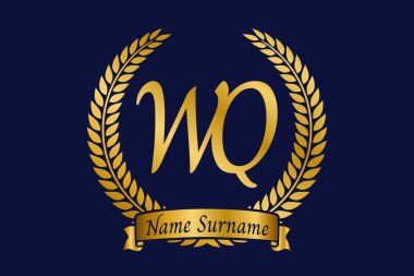 İlk harf W ve Q, WQ monogram logo tasarımı defne çelengi. Kaligrafi yazı tipli lüks altın amblem.