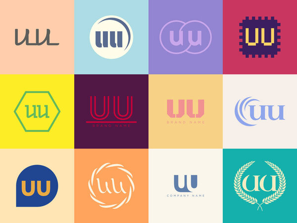 UU logo company template. Letter u and u logotype. Set different classic serif lettering and modern bold text with design elements. Initial font typography.