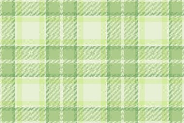 Asimetrik vektör ekose doku, fiber tekstil desenli tartan. Arkaplan kumaşını yeşil ve açık renk paletinde pürüzsüz kontrol et.