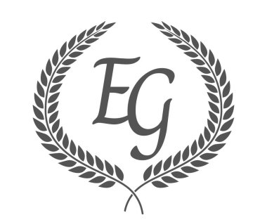 Baş harf E ve G, EG monogram logo tasarımı defne çelengi. Kaligrafi yazı tipli lüks amblem.