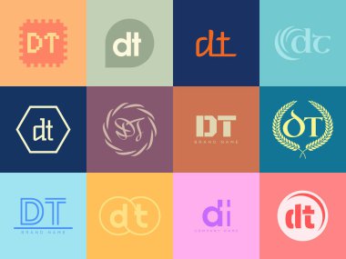 DT logo şirketi şablonu. D ve T harfleri var. Tasarım elemanları ile farklı klasik serif harfleri ve modern kalın metin ayarla. İlk yazı tipi tipografisi.